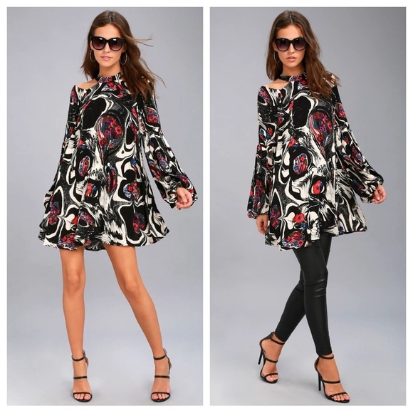 Free People Drift Away Boho High Collar Cold Shoulder Modern Swing Tunic Dress - Picture 13 of 13